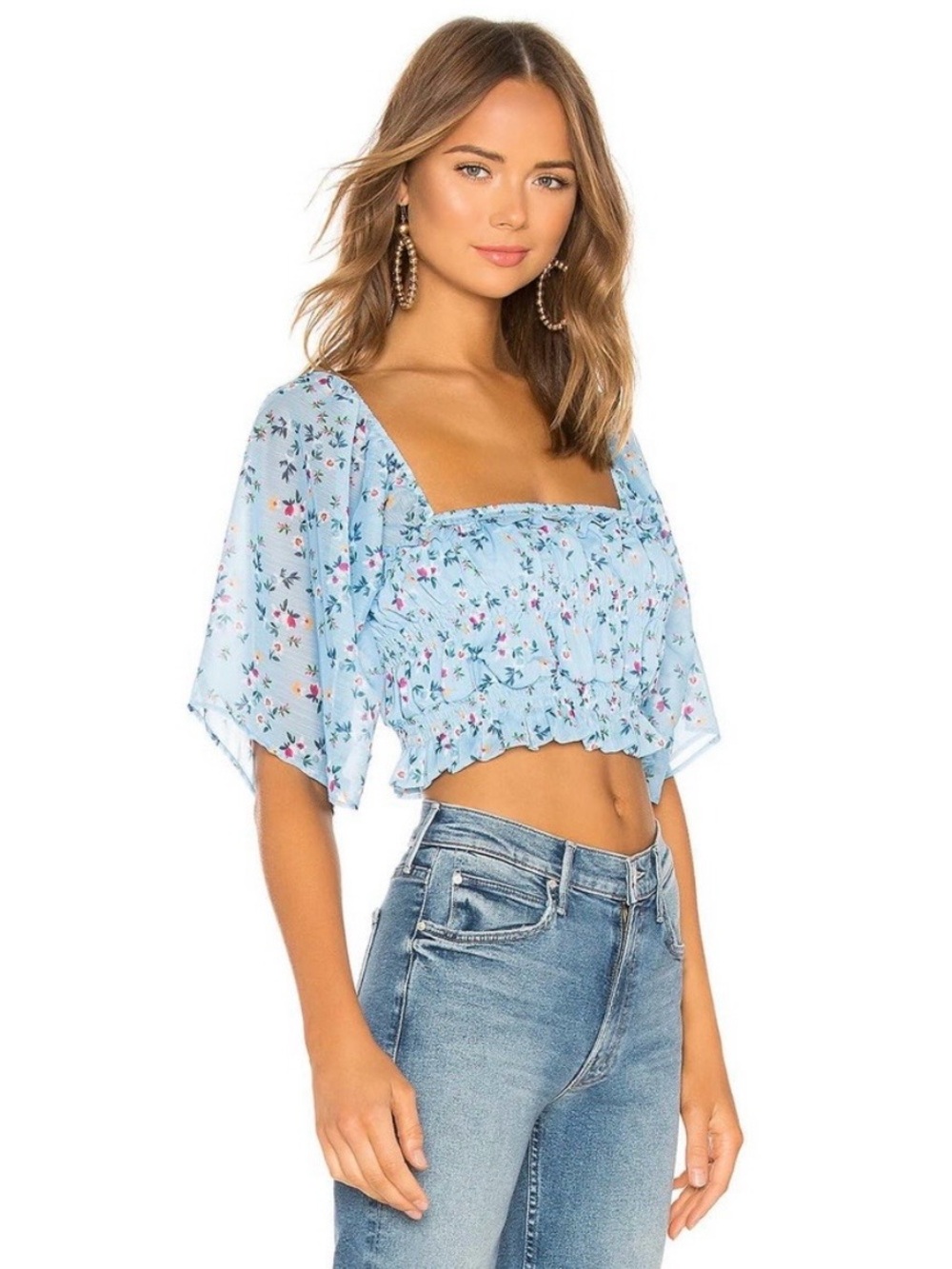 Tularosa Pale Blue Floral Square-Neck Smocked Crop Top
